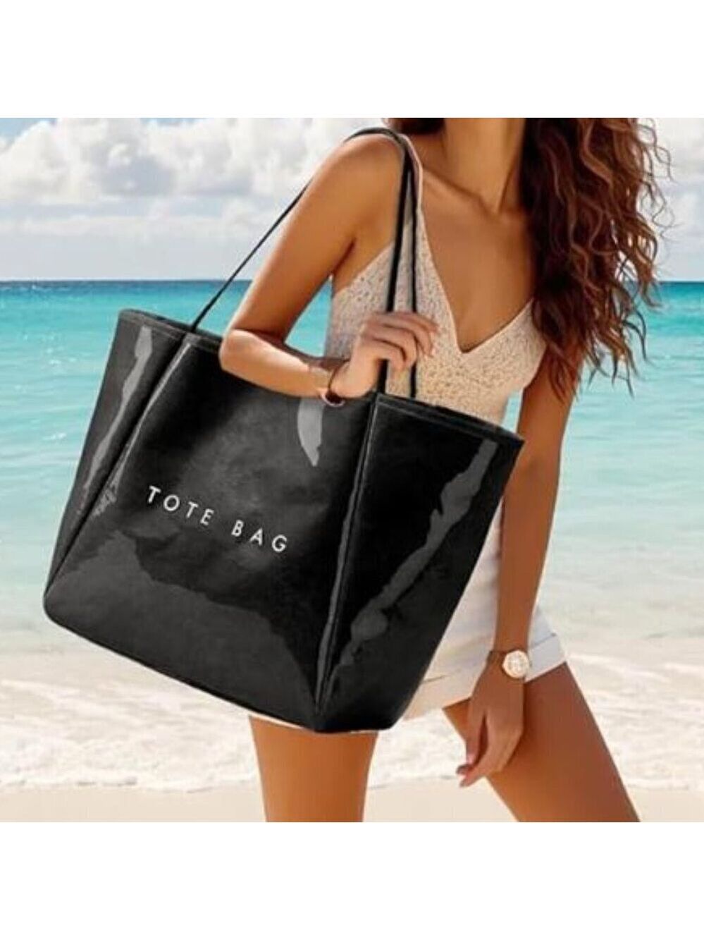 Women Large Black PVC Tote Bag Oversized Shopper Handbag